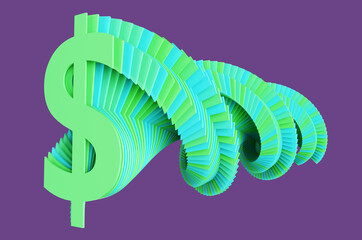 Green dollar sign with glitch effect on purple background. 3d rendering illustration