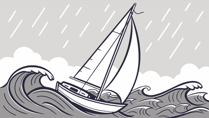 Sailboat sailing in stormy weather with rain and large waves art © Zahid