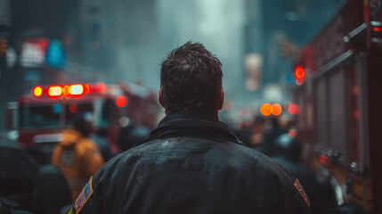 A man with dark hair stands in a busy urban street. Emergency vehicles are visible in the background. The scene conveys a sense of urgency and city life.