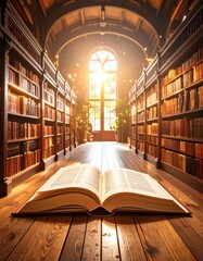A serene library with a large open book and warm light streaming through ornate windows.