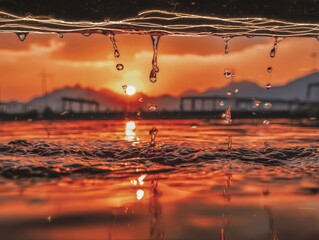 Water droplets falling into a fiery orange sunset