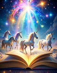 A magical scene of unicorns emerging from a book under a starry sky.