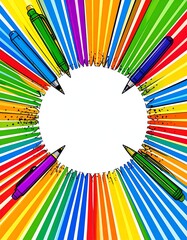 Colorful array of pens creating a vibrant, artistic border around a blank space.