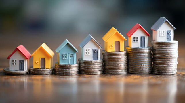 Colorful miniature houses arranged on stacks of coins, representing real estate investment and financial growth. Copy space available for text.