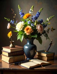 A vibrant bouquet of flowers arranged beautifully with books and writing materials.