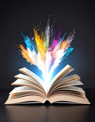 An open book bursting with colorful creativity and inspiration.