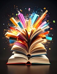 An explosive representation of knowledge with vibrant books bursting open.