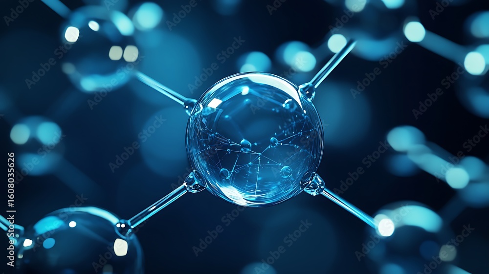 Poster a close up of a blue molecule structure with connecting lines on a dark blue and black background