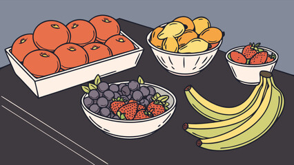 Illustration of fresh fruits including oranges bananas and berries