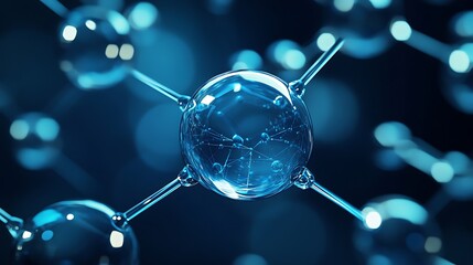 A close up of a blue molecule structure with connecting lines on a dark blue and black background