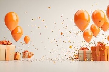 Orange balloons and gifts on a light background