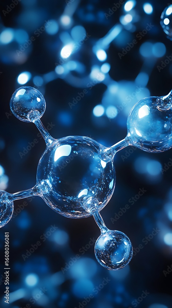 Aufkleber a close up view of a molecule structure with blue glowing spheres and connecting lines on dark backg
