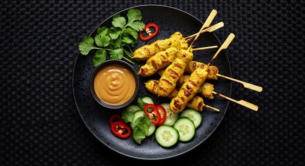 Close-up of succulent grilled chicken satay skewers, perfectly charred and caramelized, on a wooden serving board. The grilled meat is juicy and flavorful, perfect for a summer barbecue or party