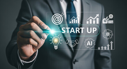 Innovative Startup Concept: Businessman Visualizing Growth, AI, and Success on a Digital Screen for Modern Business Ventures and Technology Solutions