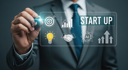 Innovative Startup Concept: Businessman Drawing Business Strategy Icons on Virtual Screen for Growth, AI, Goals, and Partnership. Modern Tech Vision