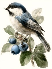 Obraz premium A lovely chickadee perches gracefully on a blueberry branch in this vibrant and detailed watercolor painting.