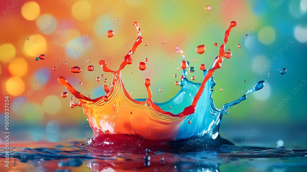 Poster a vibrant splash of colorful liquid with droplets against a blurred bokeh background creating moveme
