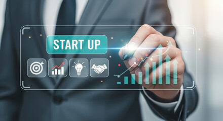 Innovative Startup Concept: Businessman Drawing Growth Chart on Virtual Screen for New Business Ideas, Strategy, Goals, and Partnership Success