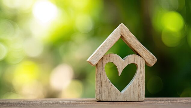 Wooden house miniature with heart cutout, natural background