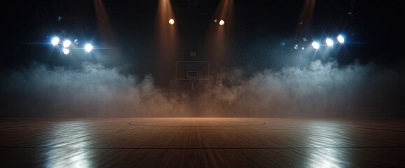 Empty basketball court stage lit by spotlights, hazy smoky atmosphere