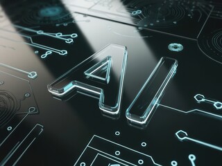Artificial intelligence concept shown by glass AI lettering on futuristic surface