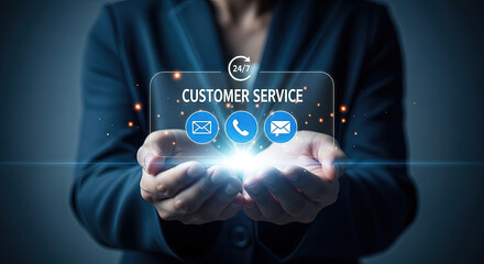 Professional Customer Service Support: Hands Holding Digital Icons for Communication, Email, and Phone Assistance - Business Solutions Online 24/7