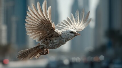 Mechanical avian soars above city vista, a fusion of nature and industry