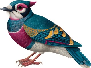 A colorful bird with blue plumage, pink accents, and yellow wing markings stands against a white background.