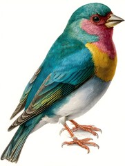 A vibrantly colored painted bunting bird stands alert with stunning teal blue and pink plumage details shown.