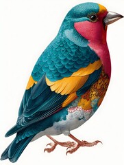 A vibrantly colored exotic bird with blue feathers and a pink face perched against a white background image.