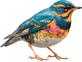 Beautiful illustration of a colorful Varied Thrush bird perching elegantly on a blank white background.