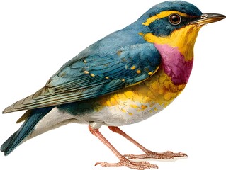 A vibrant varied thrush bird with blue wings perches gracefully in a digitally enhanced antique illustration.