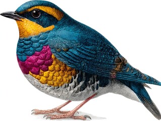 A colorful vintage illustration of a varied thrush displays its intricate plumage and unique markings clearly.