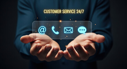24/7 Customer Service Concept: Man Holding Digital Contact Icons - Email, Phone, Chat. Online Support, Communication, and Help Desk Solutions.