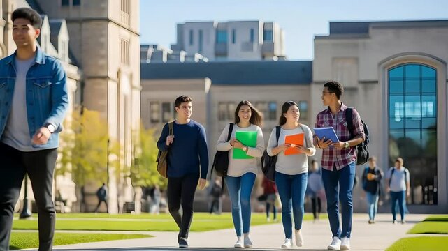 College students walk on campus, diverse group with books, backpacks. Higher education, campus life, and student lifestyle marketing. Education, learning, academia, university. - Powered by Adobe