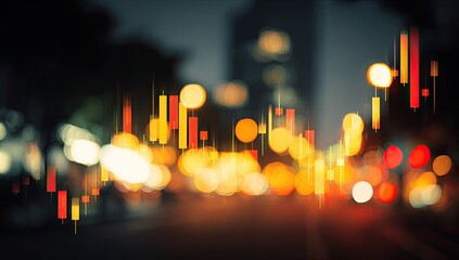 Blurred night city scene overlaid with stock charts