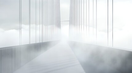 Obraz premium A perspective view of a white hallway with glass walls and a hazy atmosphere leading to a bright light