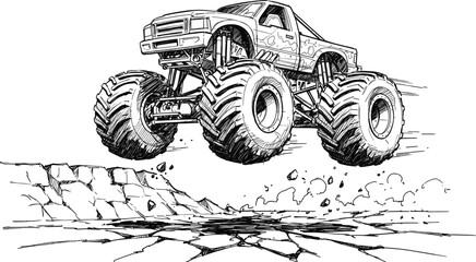 Black and white monster truck illustration showcasing extreme off-road capability © Vhya