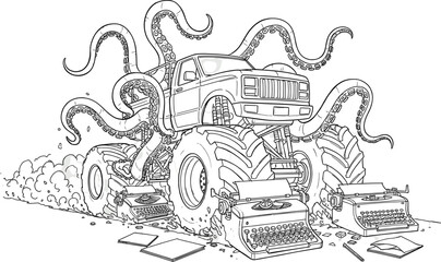 A detailed line art illustration of a monster truck with octopus tentacles and typewriters © Vhya