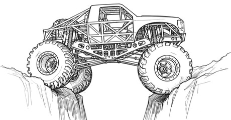 Detailed Black and White Illustration of a Monster Truck Off-Road Adventure © Vhya