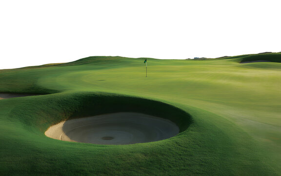 Verdant golf course showcases a sand trap and a flag on a well-maintained green with a transparent background.