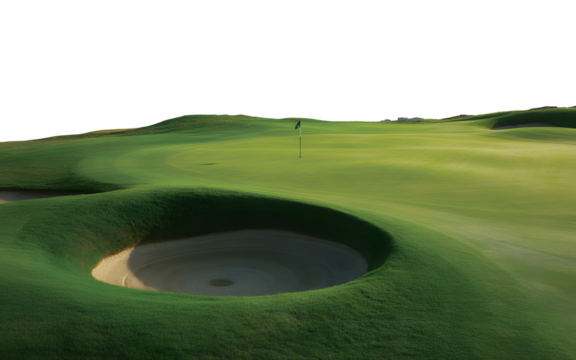 Verdant golf course showcases a sand trap and a flag on a well-maintained green with a transparent background.