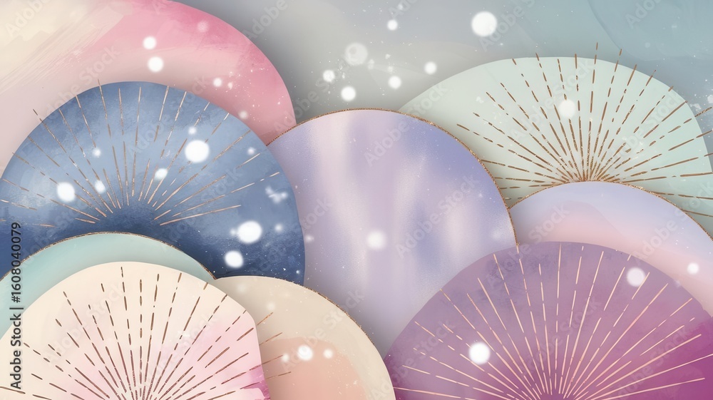 Aufkleber watercolor fan circles with golden rays and soft bokeh texture background