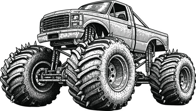 Detailed black and white drawing of a vintage monster truck with spiked tires
