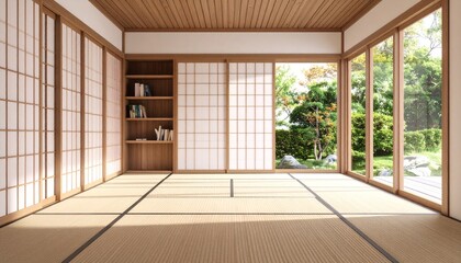 和モダンな畳部屋とミニマル本棚の背景