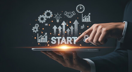 Innovative Startup Concept: Man Using Tablet with Digital Business Icons, Growth Arrows, and Gears for Strategy, Success, and Future Technology