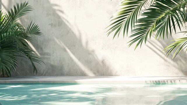A serene poolside scene with tropical plants casting shadows on a concrete wall. Captured from a low angle, perfect for a calming video backdrop. Live desktop wallpaper.