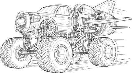 Detailed line art illustration of a monster truck with airplane engine features © Vhya