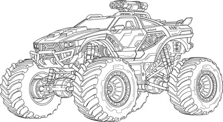 Detailed line drawing of a powerful monster truck, perfect for coloring books © Vhya