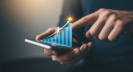 Business Growth Concept: Man Holding Smartphone Displaying Rising Bar Graph and Arrow, Illustrating Success, Investment, and Financial Progress